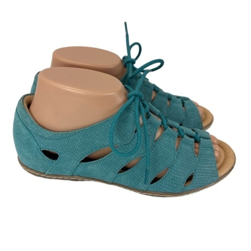 Earth Plover Womens 7.5B Teal Suede Pebbled Leather Sandal Shoes Boho Lace Up - Picture 3 of 8